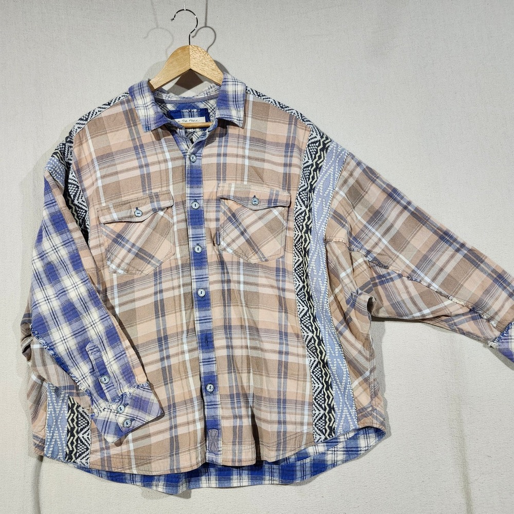 Free People Patchwork Plaid Button-Down Shirt in Beige and Blue